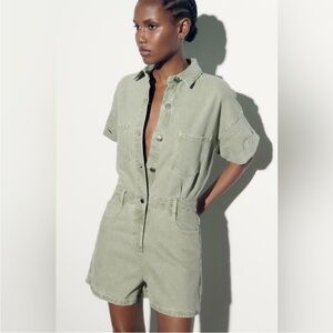 Zara Light Sage Green Short-Sleeve Denim Romper